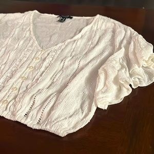 White Boho Cropped Peasant Blouse Short Ruffled Sleeves Button Down Crop Top